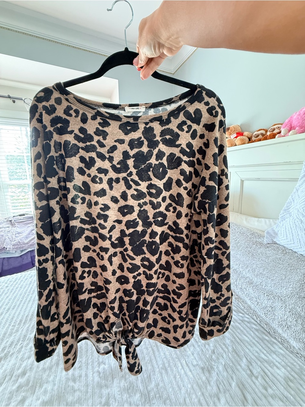 Leopard Print Tie-Hem Long Sleeve Top - Black on Tan